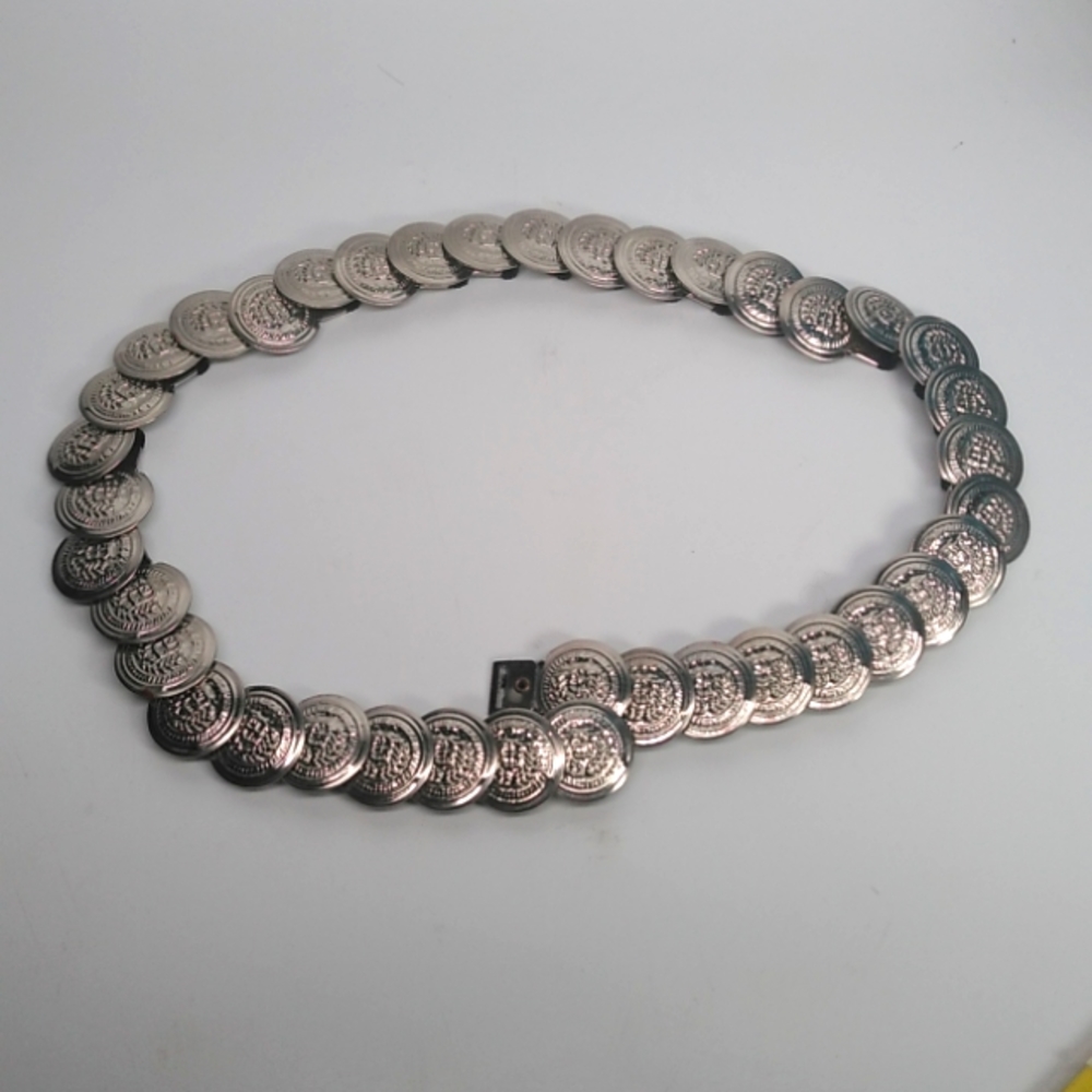 Vintage 80's 90's Silver Dainty Stretchy Belt Coin Style Medallions 26" XS-Small